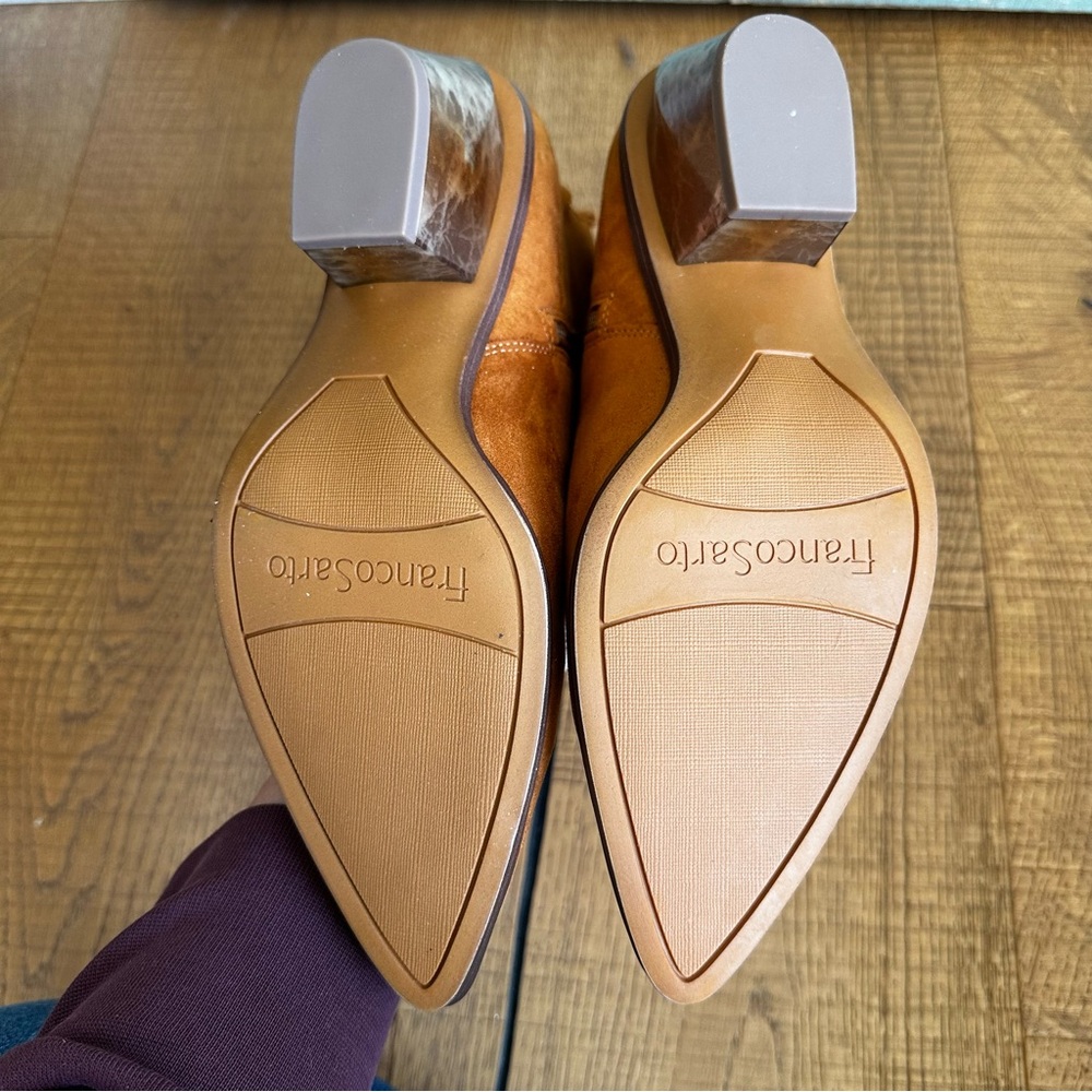 NEW Franco Sarto Sammi Suede Bootie in Camel Whiskey Brown with Metallic Heel - Picture 5 of 12